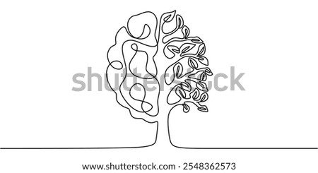 A human brain with a growing tree, illustrated in a continuous one line style, symbolizing psychological growth and development.