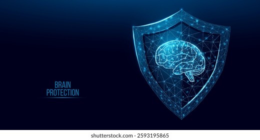 Human brain in guard shield.  Cyber security concept with glowing low poly brain and shield on dark blue background. Wireframe low poly design. Abstract futuristic vector illustration.  