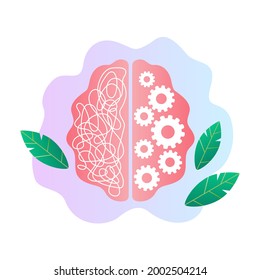 cerebro humano. la mitad en pensamientos confusos, la otra mitad en un mecanismo claro. concepto de salud mental humana. ilustración vectorial