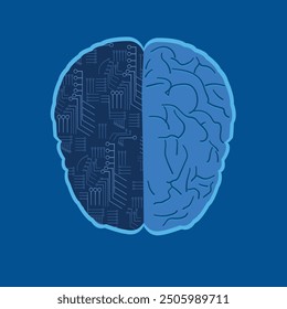 Cerebro humano con la mitad hecha de circuitos, inteligencia artificial