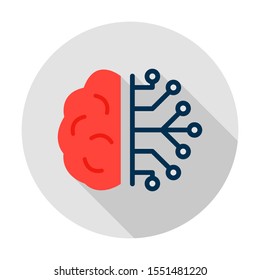Human Brain Half Microchip Circle Icon. Vector Illustration with Long Shadow. Business Item.