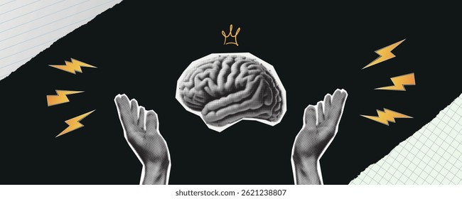 Human brain halftone collage element made of torn out newspaper scrap. Retro halftone effect. Vector illustration