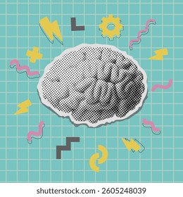 Human brain halftone pop art illustration. Torn out newspaper scrap with human brain. Business Idea, Creative thinking brainstorming dotted trendy illustration. Retro effect.