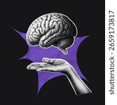 Human brain and hand collage in halftone vintage style