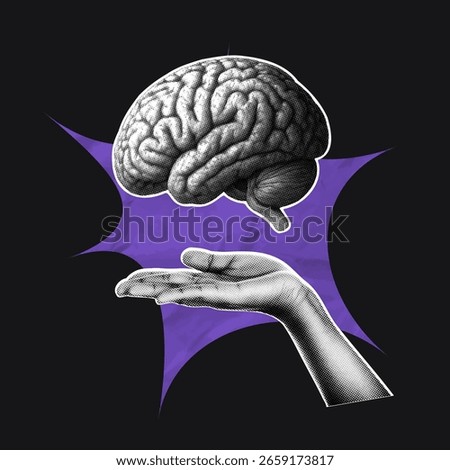 Human brain and hand collage in halftone vintage style