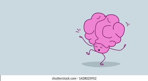 human brain having fun relaxation concept pink cartoon character dancing pose kawaii style horizontal