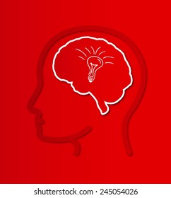 human brain in head with bulb on red gradient background