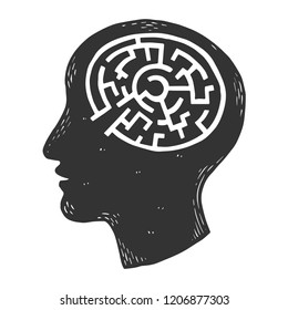 Human brain in head in form of maze labyrinth. engraving vector illustration. Scratch board style imitation. Black and white hand drawn image.