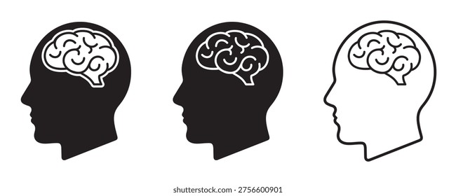Human Brain and Head Profile Icon Set Vector – AI, Artificial Intelligence and Psychology Symbol in Outline and Filled Styles	