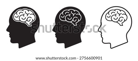 Human Brain and Head Profile Icon Set Vector – AI, Artificial Intelligence and Psychology Symbol in Outline and Filled Styles	