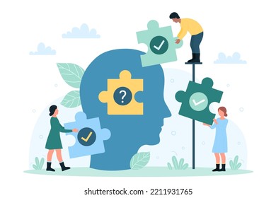 Human brain health, knowledge and work on ideas and solving business problems vector illustration. Cartoon tiny people connect puzzle pieces with checkmarks and question mark inside abstract head