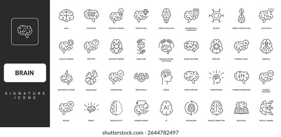 Human brain healthcare and stress, AI machine learning thin black outline symbols vector illustration. Brain, creative mind and psychology, innovation and knowledge, brainstorm line icon set.