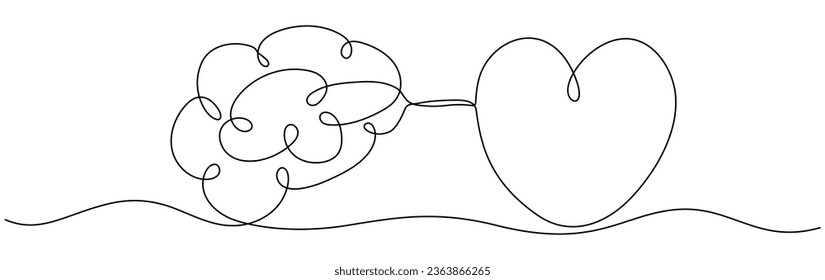 Human brain and heart continuous one line art drawing. Rationality with emotions connection concept. Psychology balance symbol. Vector illustration isolated on white.