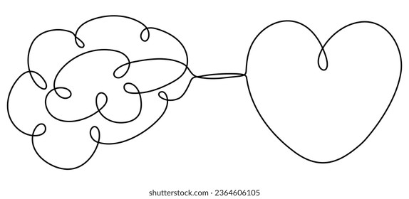 Human brain and heart continuous one line art drawing. Rationality with emotions connection concept. Psychology balance symbol. Vector illustration isolated on white.