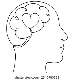 Cerebro humano y corazón dentro de la cabeza continua una línea dibujada. Racionalidad con emociones concepto de conexión. Símbolo de equilibrio psicológico. Ilustración vectorial aislada en blanco.