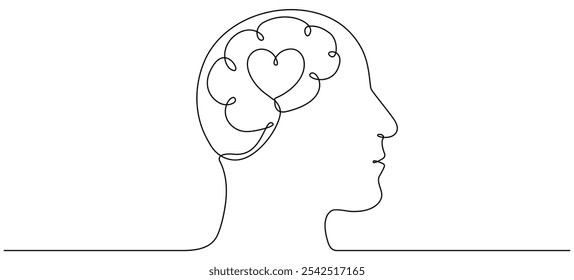 Human brain and heart inside head continuous line drawing. Rationality with emotions connection concept. Vector illustration isolated on white.