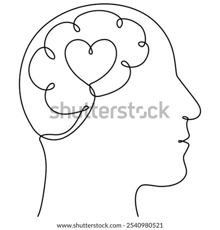 Human brain and heart inside head continuous one line drawn. Rationality with emotions connection concept. Psychology balance symbol. Vector illustration isolated on white.