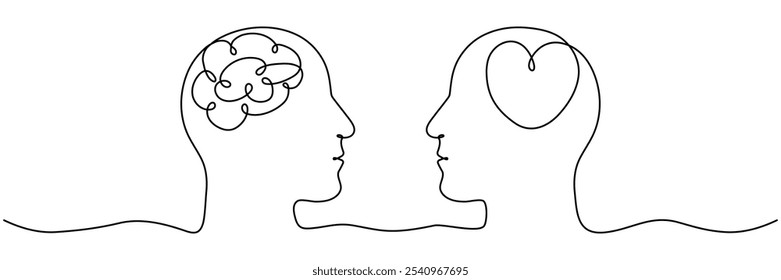 O cérebro humano e o coração dentro das cabeças contínuas um desenho de arte de linha. Racionalidade com conceito de conexão de emoções. Símbolo de equilíbrio psicológico. Ilustração vetorial isolada em branco.