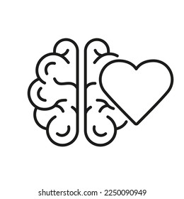 Human Brain and Heart Line Icon. Mental Emotional Health Linear Pictogram. Healthy Rational Balance Between Heart Love and Brain Outline Icon. Editable Stroke. Isolated Vector Illustration.