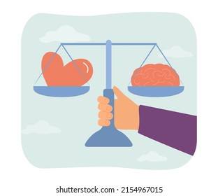 Human brain and heart on scale flat vector illustration. Balance between love, emotions and rational thinking. Cooperation, intelligence concept for banner, website design or landing web page