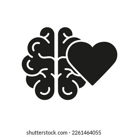 Human Brain and Heart Silhouette Icon. Healthy Rational Balance Between Heart Love and Brain Icon. Mental Emotional Health Glyph Pictogram. Isolated Vector Illustration.