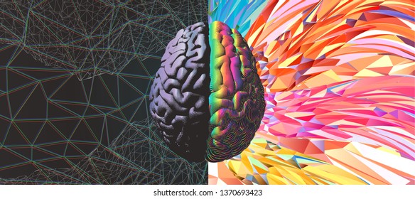 Human brain hemispheres gray left and rainbow color right brain engraving in top view illustration isolated on white with art background