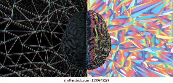 Human brain hemispheres left and right cerebral functions abstract demonstration illustration isolated on multi color holographic polygonal art background