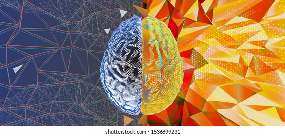 Human brain hemispheres left and right cerebral functions abstract demonstration illustration isolated on multicolor yellow and red tone polygon holographic art background style