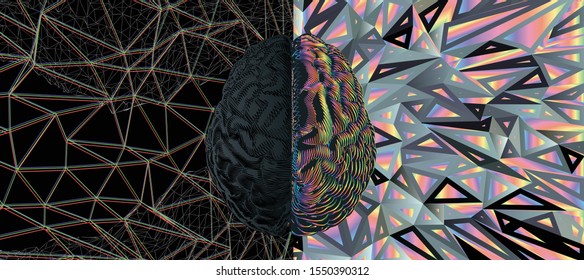 Human brain hemispheres left and right cerebral functions abstract demonstration illustration isolated on multicolor holographic polygonal art background