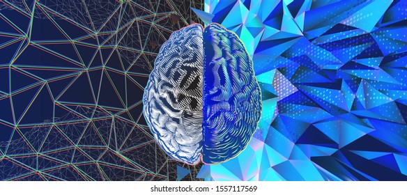 Human brain hemispheres left and right cerebral functions abstract demonstration illustration isolated on multi color blue polygonal holographic art background style