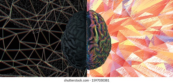 Human brain hemispheres left and right cerebral functions abstract demonstration vector illustration isolated on multi color doodle art background
