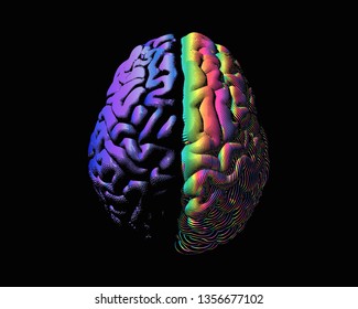 Human brain hemispheres purple left and rainbow color right brain engraving in top view illustration isolated on black background