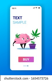 human brain holding marijuana leaf ganja legalize drug consumption cannabis addiction concept mobile app smartphone screen vertical copy space vector illustration
