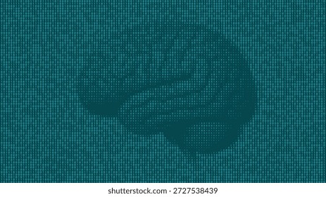Ícone de cérebro humano criado a partir de zeros e um azul-petróleo no fundo da matriz digital