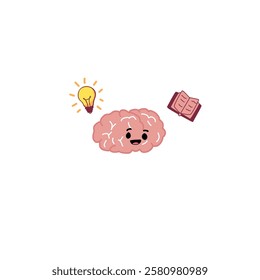 Human brain icon. Illustration of a smiling brain gaining knowledge from books.  Vector illustration.