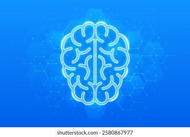 Human brain icon. Brain research. Psychology and Neurology. Physician teaching about alzheimer, dementia disease. Molecular structure. Blue medical background with hexagons. Vector illustration.