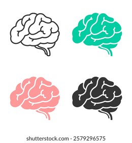 Human brain icon set. Brain anatomy, health, neurology, physiology vector illustration.