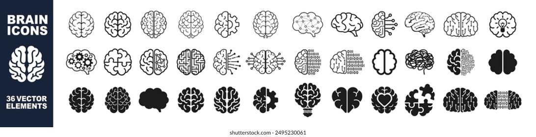 Human brain icon set with different style. Creative idea flat line icon. Human brain icon set solid and outline style isolated on transparent  background