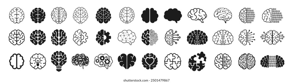 Human brain icon set with different style. Creative idea flat line icon. Human brain icon set solid and outline style isolated on transparent  background