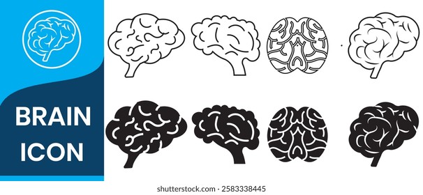 Human brain icon set with different style. Creative idea flat line icon. Human brain icon set solid and outline style. 