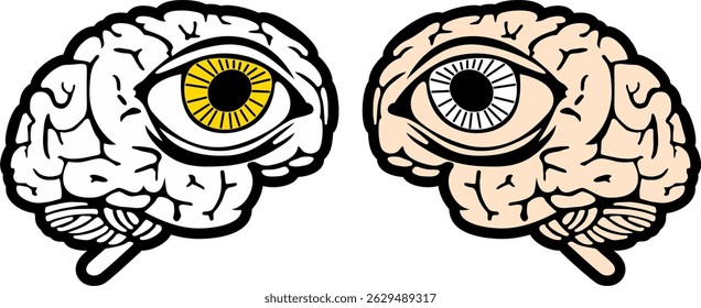 Human brain icon set with human eye in different color. Creative idea flat icon. Human brain and eye icon solid and outline style isolated on white background.