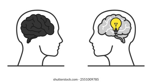 Conjunto de iconos de cerebro humano. Salud cerebral, neurología, fisiología Ilustración vectorial.