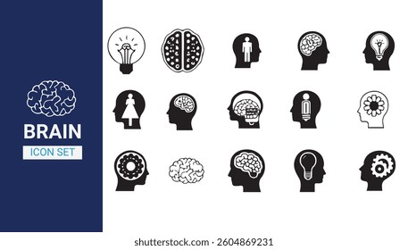 Human brain icon set solid and outline style isolated on white background.