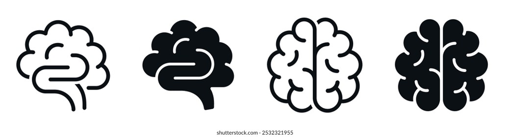 Ícone do cérebro humano. Símbolo cerebral simples na vista superior e lateral. Sinal de mente sólido e estilo de contorno - vetor de ações.