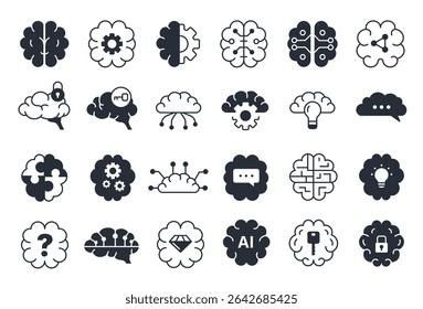 Human brain icons. Machine learning and human mind symbols, creative idea and genius stroke line signs, brain activity and IQ logo. Vector brains isolated set.