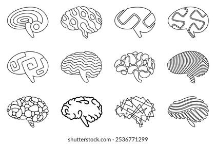 Human brain icons set in coloring style. Creation and idea concept element. Science innovation, machine learning, ai or new technology development. Human brain health startup