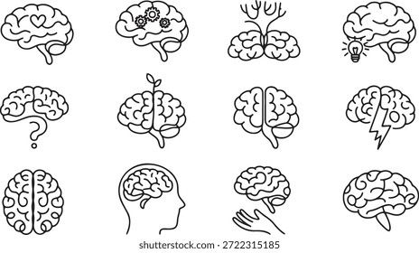 Ícones do cérebro humano definidos com conceitos criativos de saúde mental. Coleção de símbolos de psicologia e inteligência. Cérebro com engrenagens, lâmpada e arte de linhas de tempestade. Anatomia e ilustrações de neurociência para aprendizagem e educação. Gráficos de cabeça e mente minimalistas em fundo transparente.