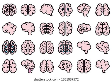 Human brain icons set. Outline set of human brain vector icons thin line color flat on white