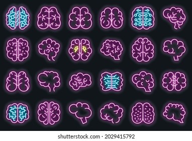 Human brain icons set. Outline set of human brain vector icons neon color on black