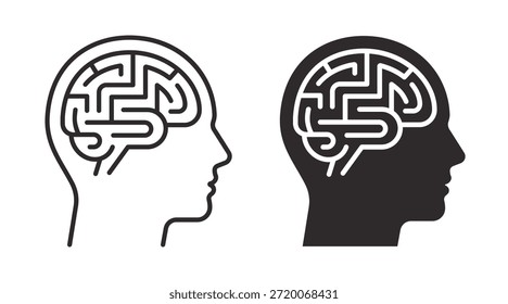 Iconos del cerebro humano. Mostrar el pensamiento, la cognición y los procesos mentales. Colección de contorno e iconos rellenos.